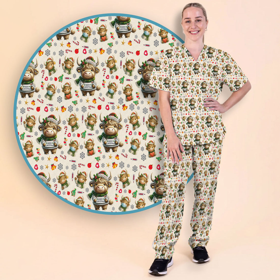 Highland Cow Christmas Scrub Set, Festive Cow Print Nurse Outfit, Holiday Medical Uniform For Women, Cute Veterinary Scrubs Gift