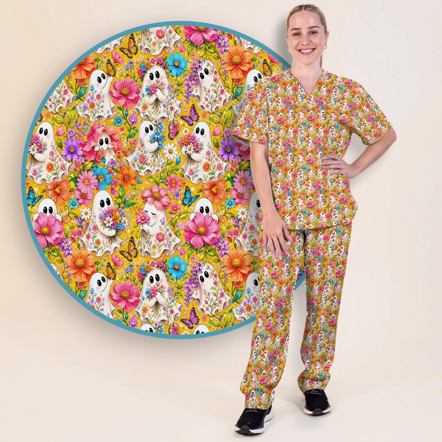 Cute Floral Ghosts And Butterflies Scrub Set, Scrub Pants and V Neck Top