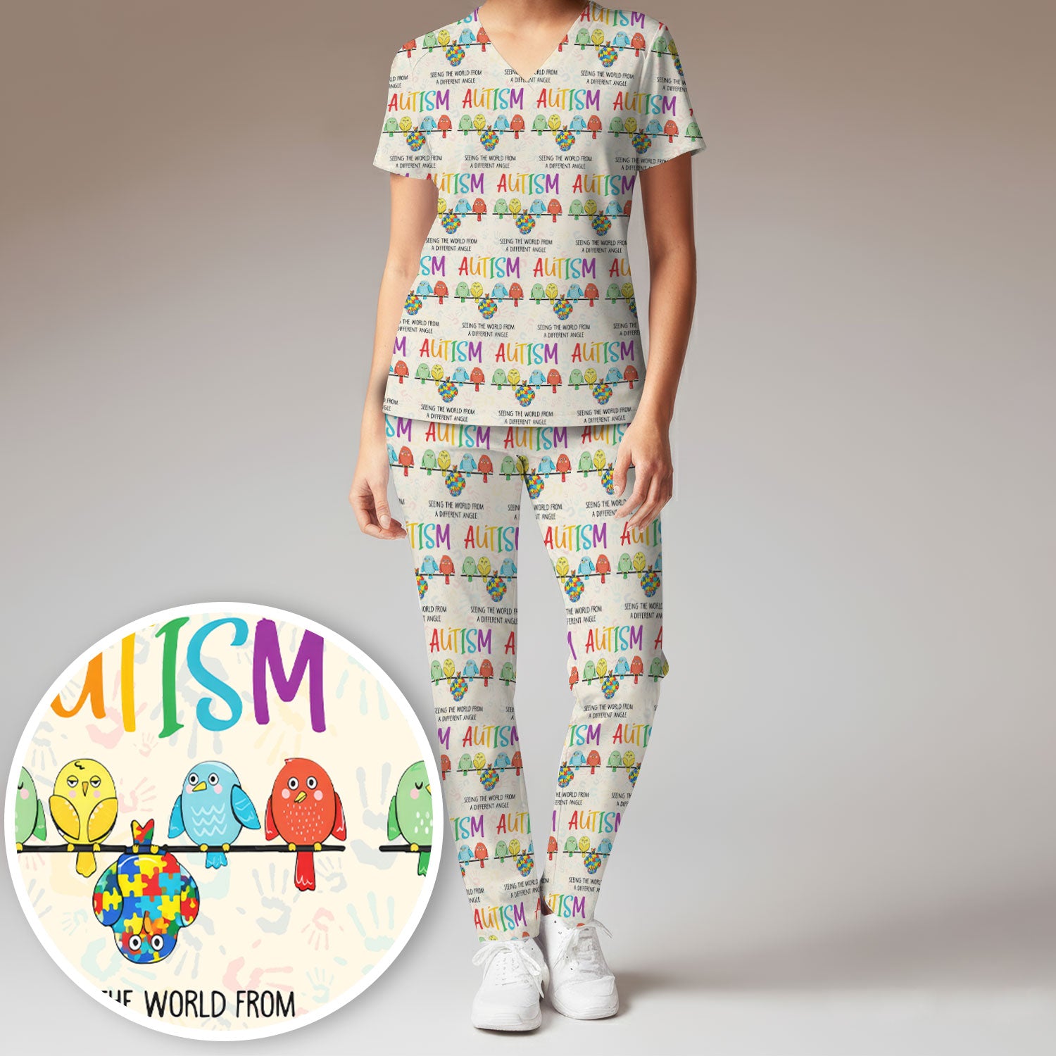 Autism Seeing The World From A Different Angle Birds Scrub Set, Breathable Med Uniform