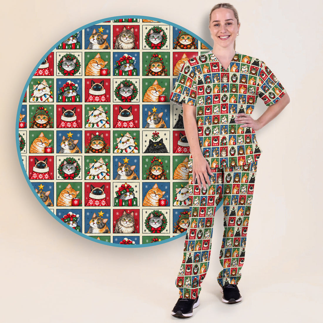 Cute Christmas Cat Patchwork Scrub Set, Scrub Pants and V Neck Top