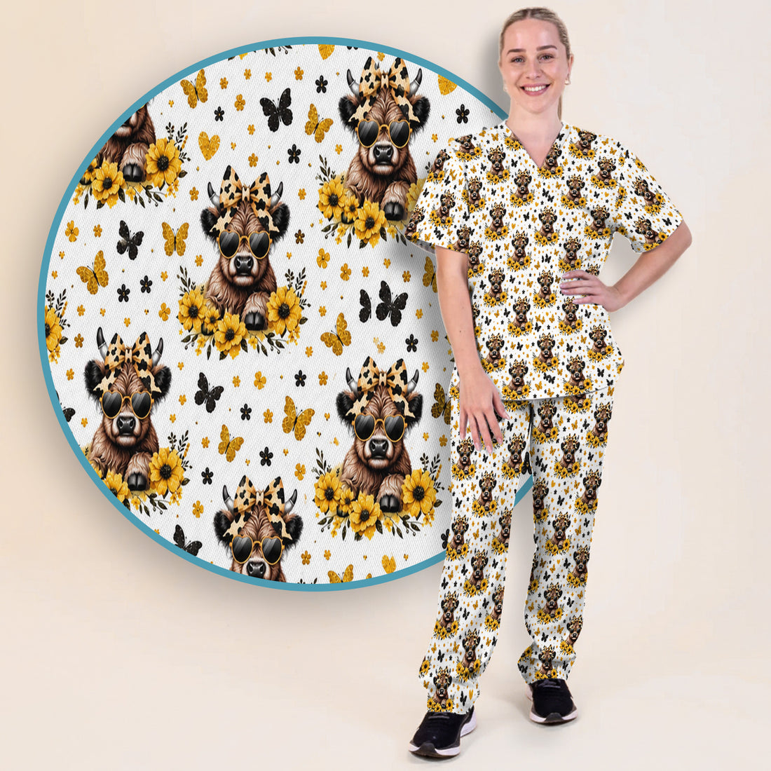 Cow With Sunflower Bow Pattern Scrub Set, Scrub Pants and V Neck Top