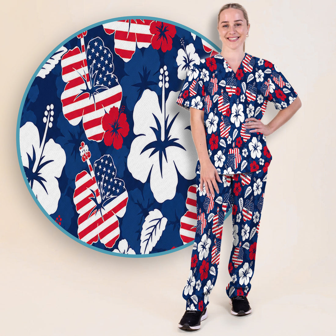 Patriotic Hibiscus Flag Floral Print Scrub Set, Scrub Pants and V Neck Top