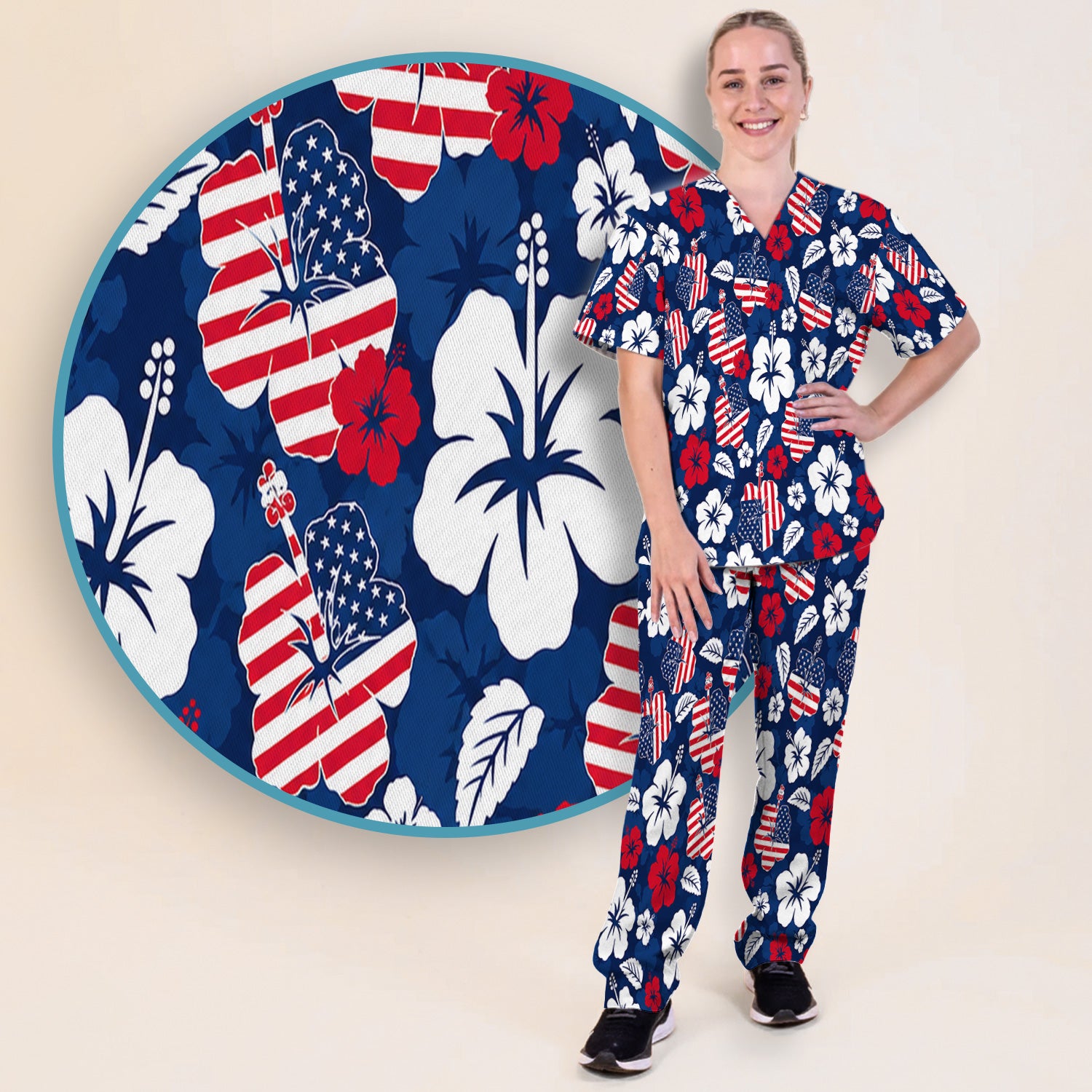 Patriotic Hibiscus Flag Floral Print Scrub Set, Scrub Pants and V Neck Top