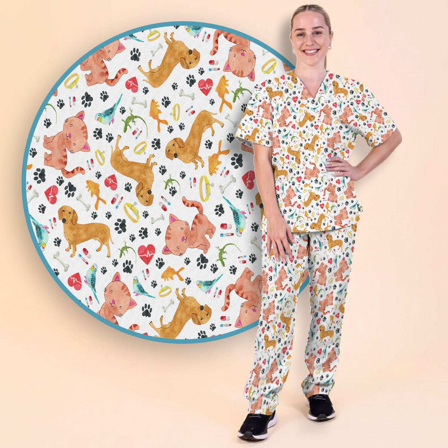 Cat Dog Veterinary Scrub Set - Cute Animal Paw Print Medical Pants and V Neck Top for Women RN CNA Vet Tech