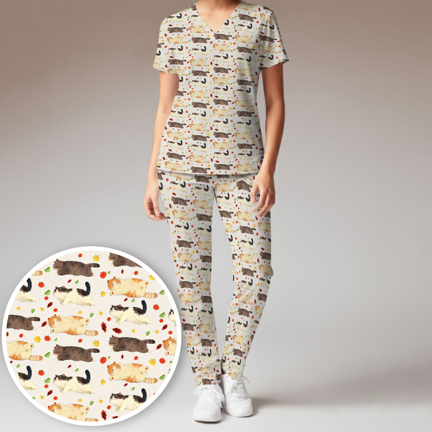 Chubby Cat Autumn Leaves Print Scrub Set, Breathable Med Uniform