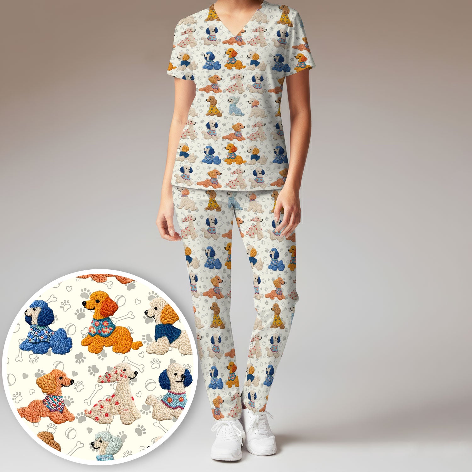 Cute Colorful Poodle Pattern Scrub Set, Scrub Pants and V Neck Top