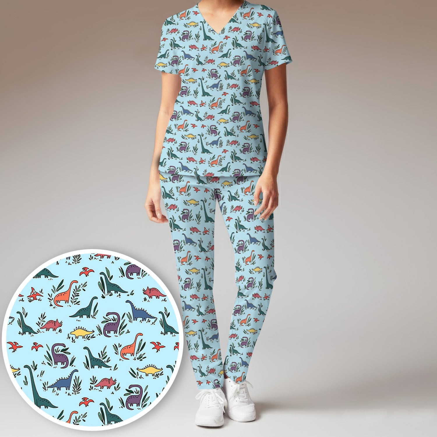 Cute Dinosaur Leafy Garden Pattern Scrub Set, Breathable Fabrics Nursing Uniform