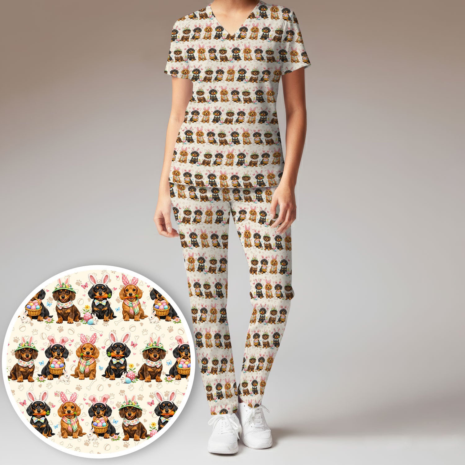 Cute Easter Dachshund Dog Bunny Print Scrub Set, Breathable Med Uniform