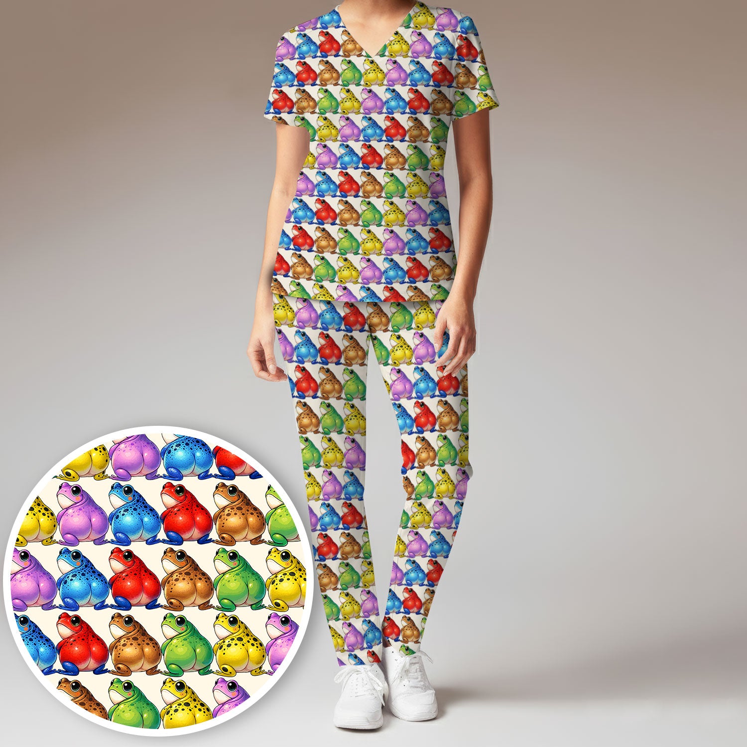 Funny Colorful Frogs Pattern Scrubs Sets, Scrub Pants and V Neck Top