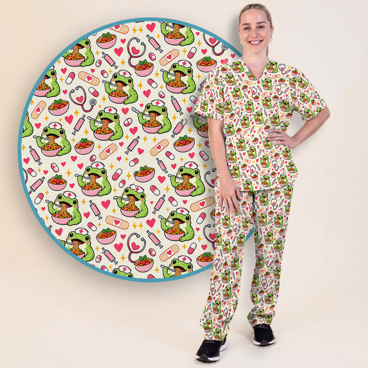 Cute Nurse Frogs Eating Noodles Pattern Scrub Set, Scrub Pants and V Neck Top