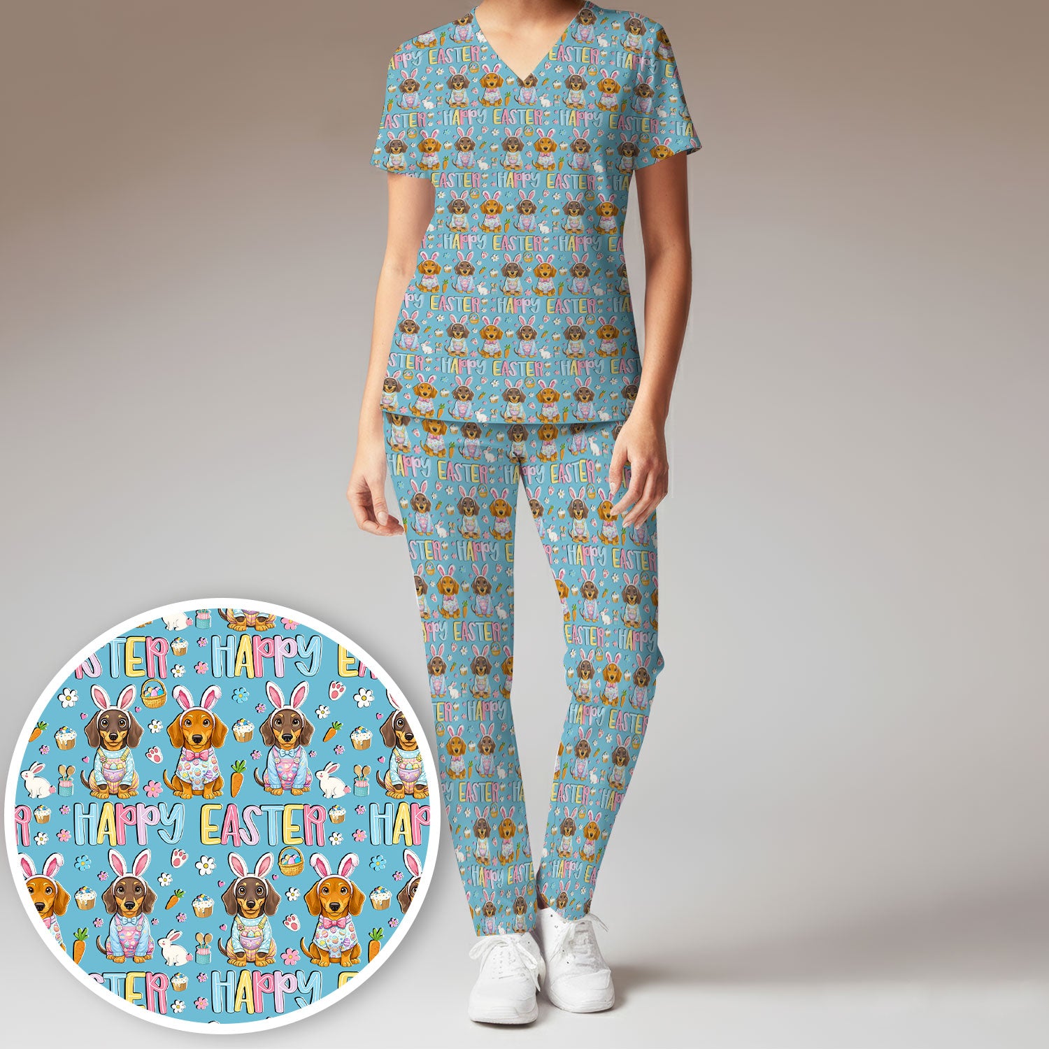 Happy Easter Dachshund Puppy Pattern Scrub Set, Breathable Med Uniform