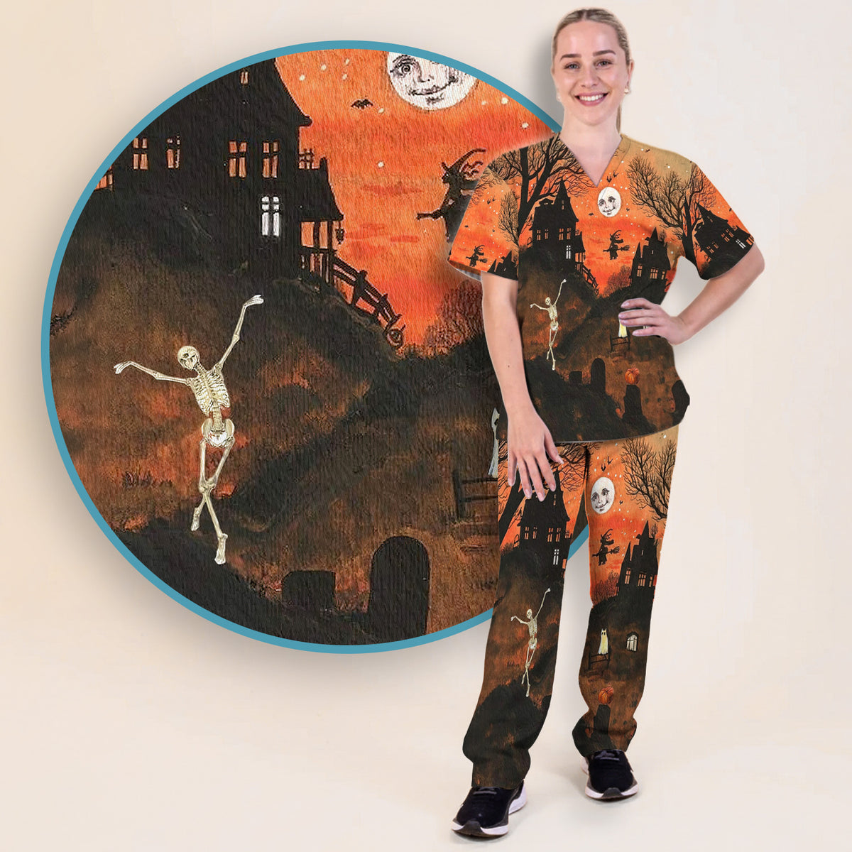Halloween Haunted House Pattern Scrub Set, Scrub Pants and V Neck Top