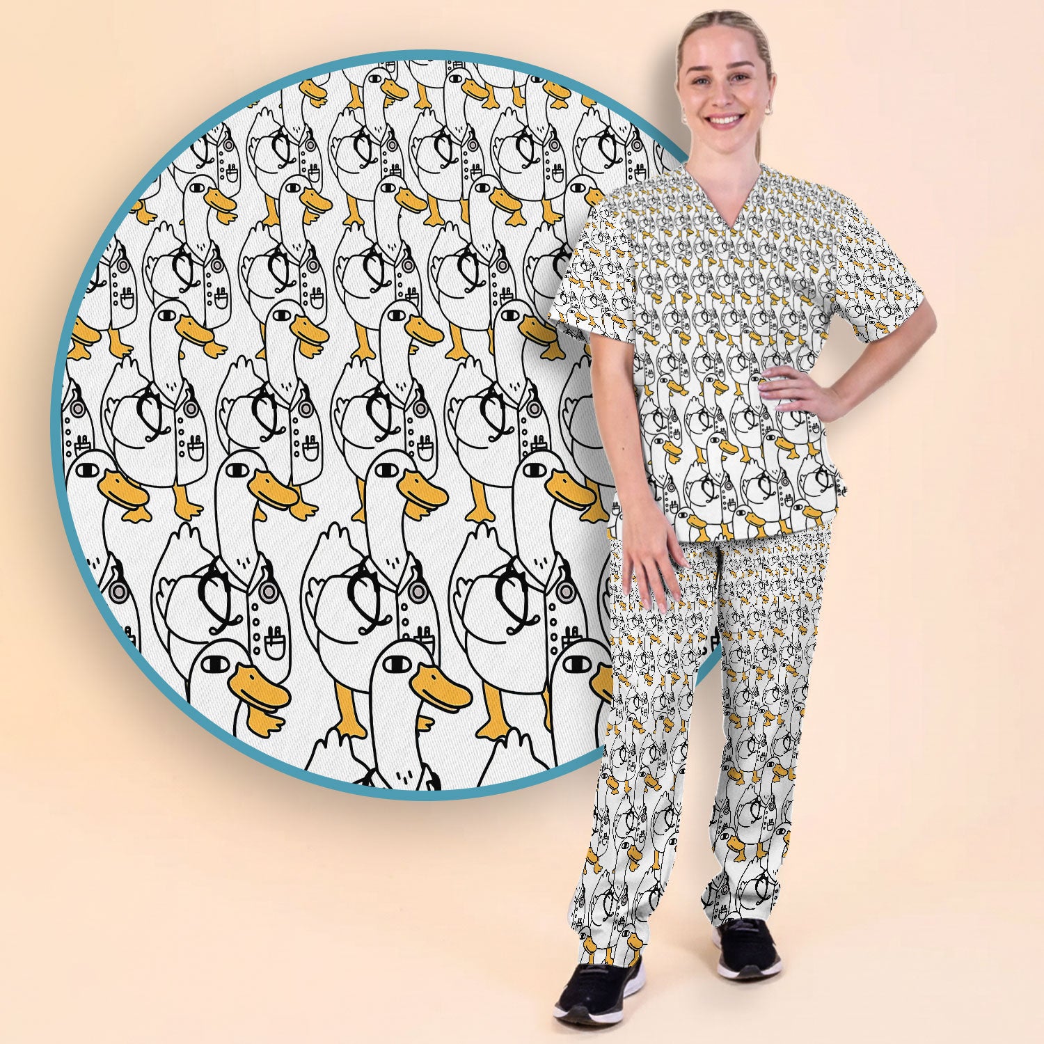 Funny Duck Scrub Set for Women - I'm a Doctor Scrubs Pants and V Neck Top - Cute Duck In The Row - Comfortable Nursing Uniform