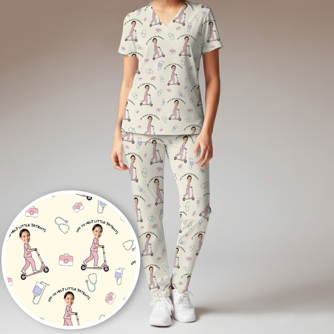 Custom Face Pediatric Nurse Scooter Pattern Scrub Set, Scrub Pants and V Neck Top