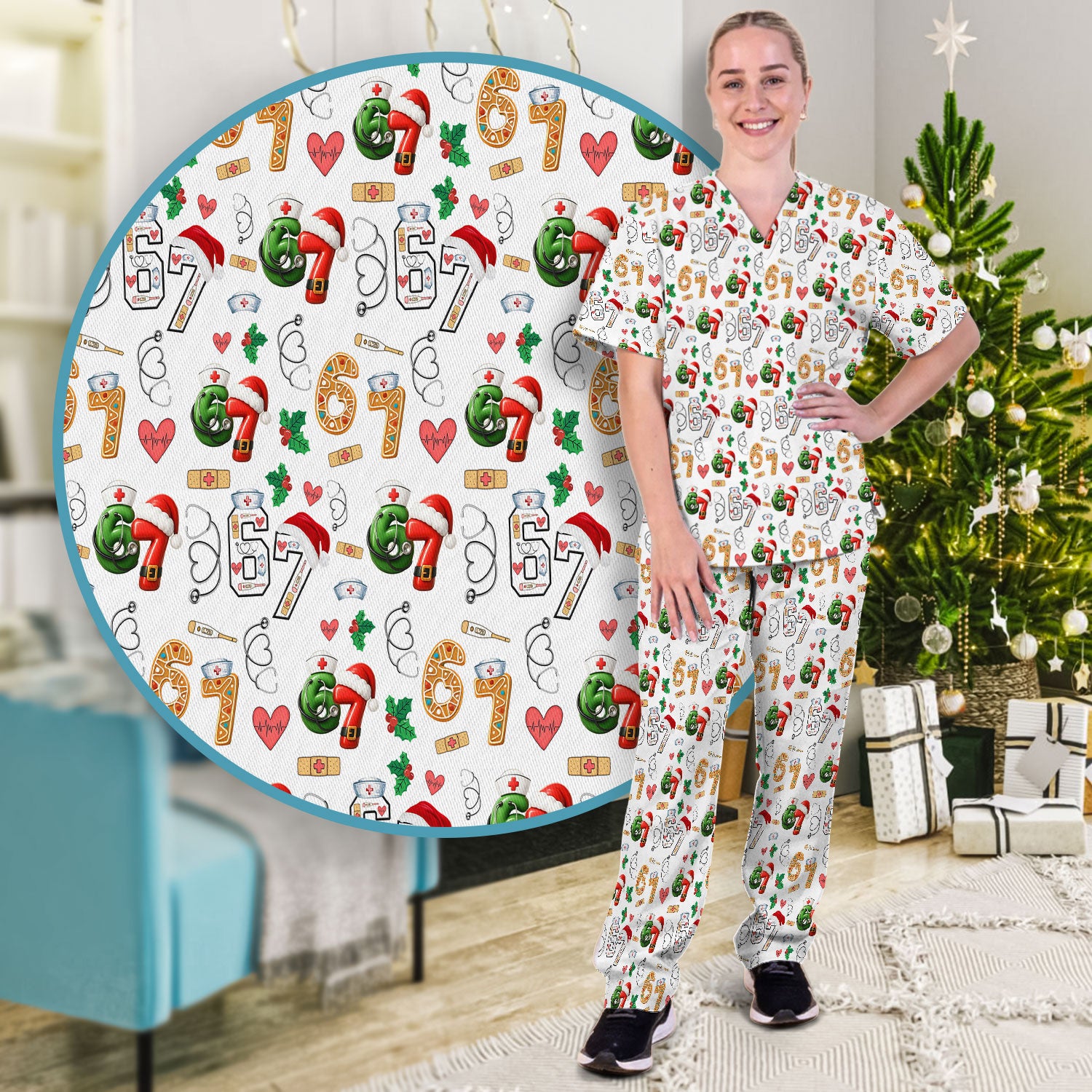 Christmas Nurse 67 Pattern Scrub Set, Cute Holiday Medical Uniform With Santa Hat, Uniform For Nursing