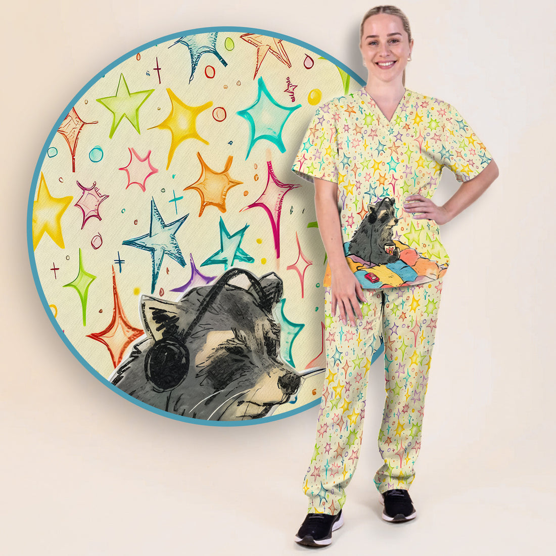 Chill Raccoon Starry Music Pattern Scrub Set, Scrub Pants and V Neck Top