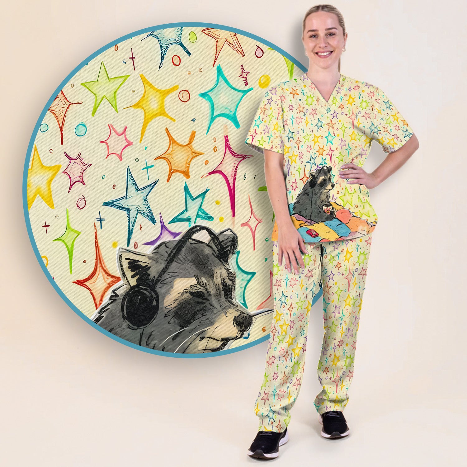 Chill Raccoon Starry Music Pattern Scrub Set, Scrub Pants and V Neck Top