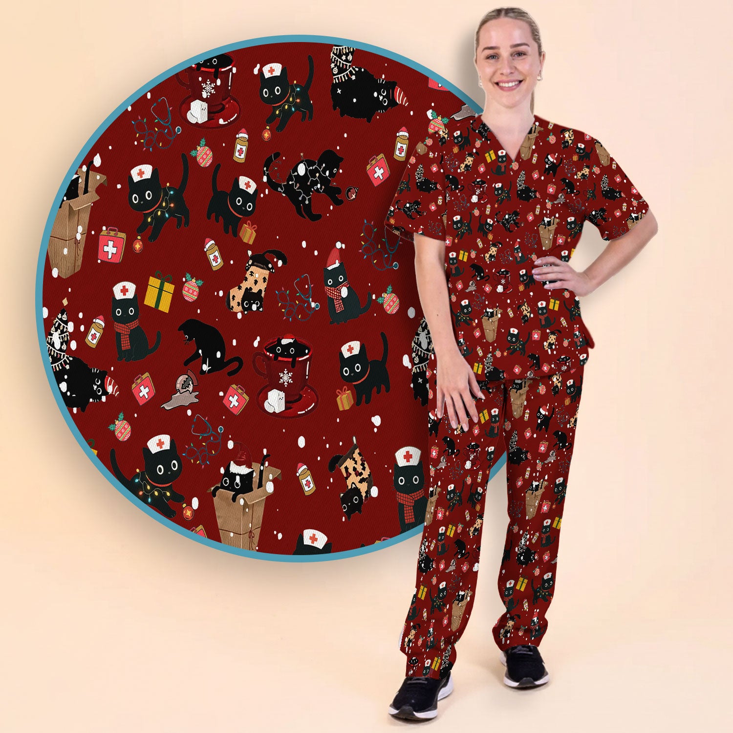 Christmas Cat Scrub Set for Nurse - Funny Black Cats Scrubs Pants and V Neck Top - Cute Holiday Medical Uniform for Women