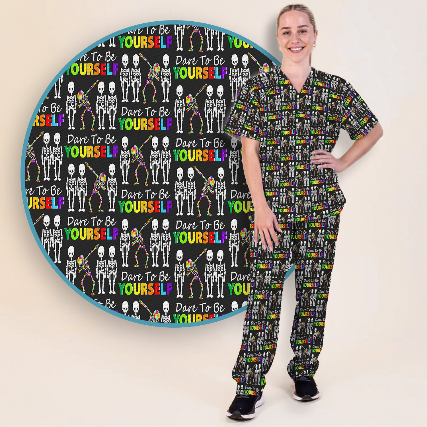 Rainbow Skeleton Dare To Be Yourself Pattern Scrub Sets, Scrub Pants and V Neck Top