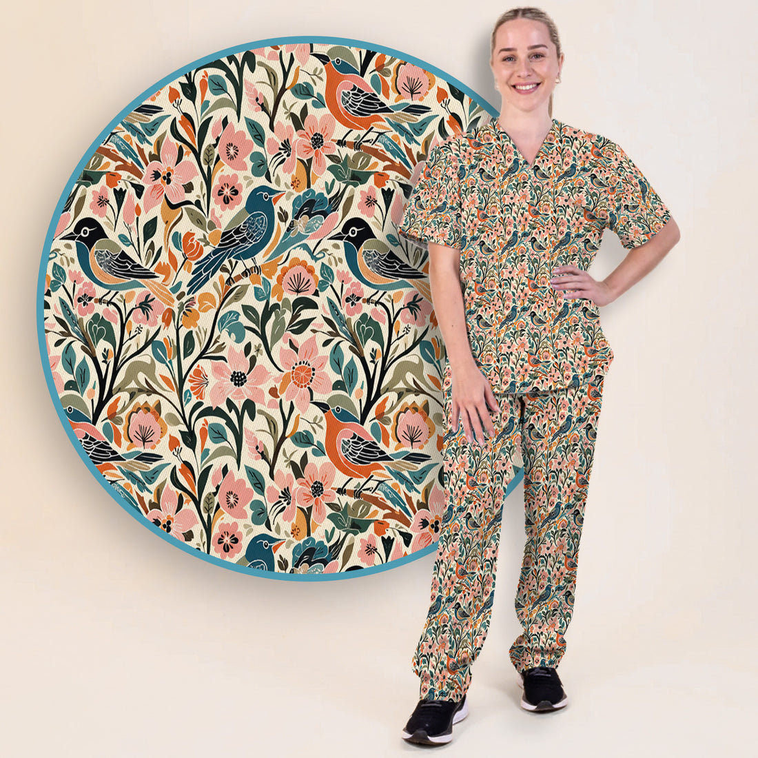 Folk Art Songbird Floral Pattern Scrub Set, Scrub Pants and V Neck Top