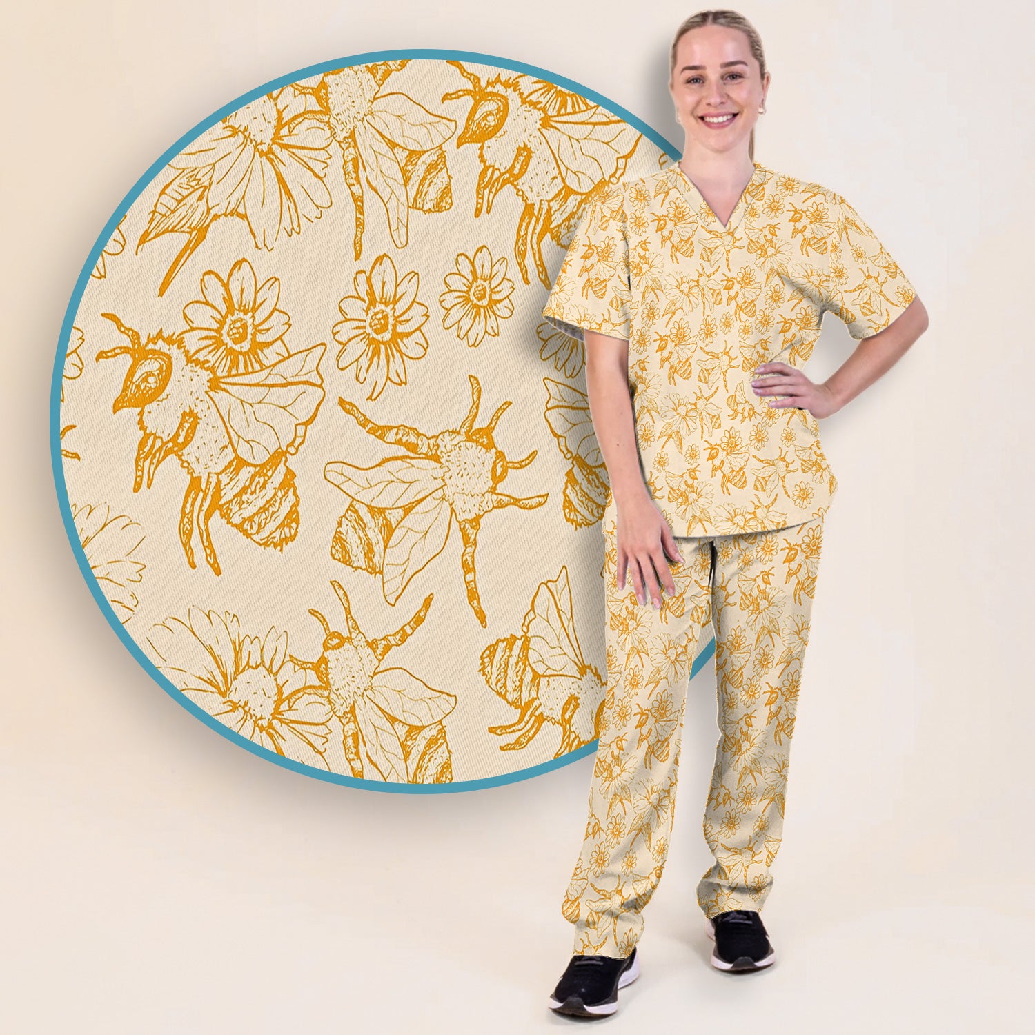 Cute Honey Bee Flower Sketch Pattern Scrub Set, Scrub Pants and V Neck Top