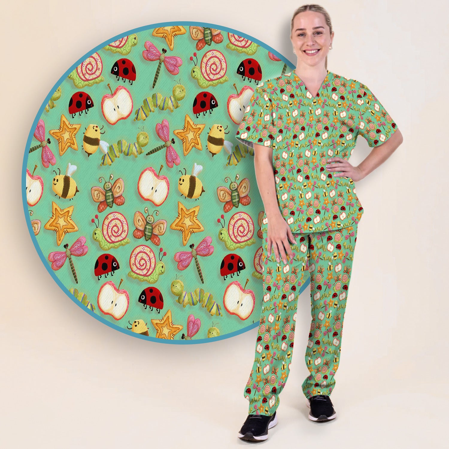 Cute Nurse Snail Ladybug Caterpillar Apple Garden Pattern Scrub Set, Breathable Med Uniform