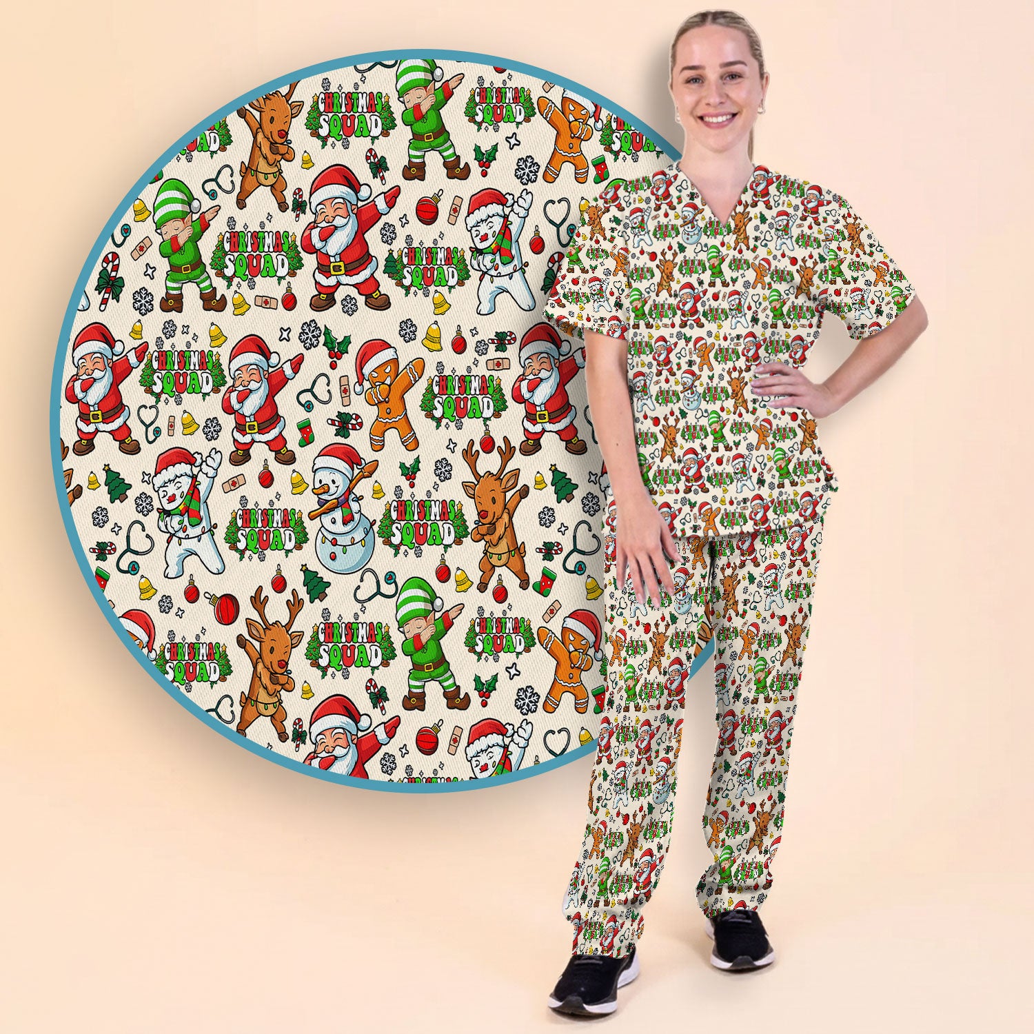 Christmas Squad Scrub Set - Funny Santa & Reindeer Pants and V Neck Top - Cute Holiday Medical Uniform for Nurses, Doctors & Vet Techs