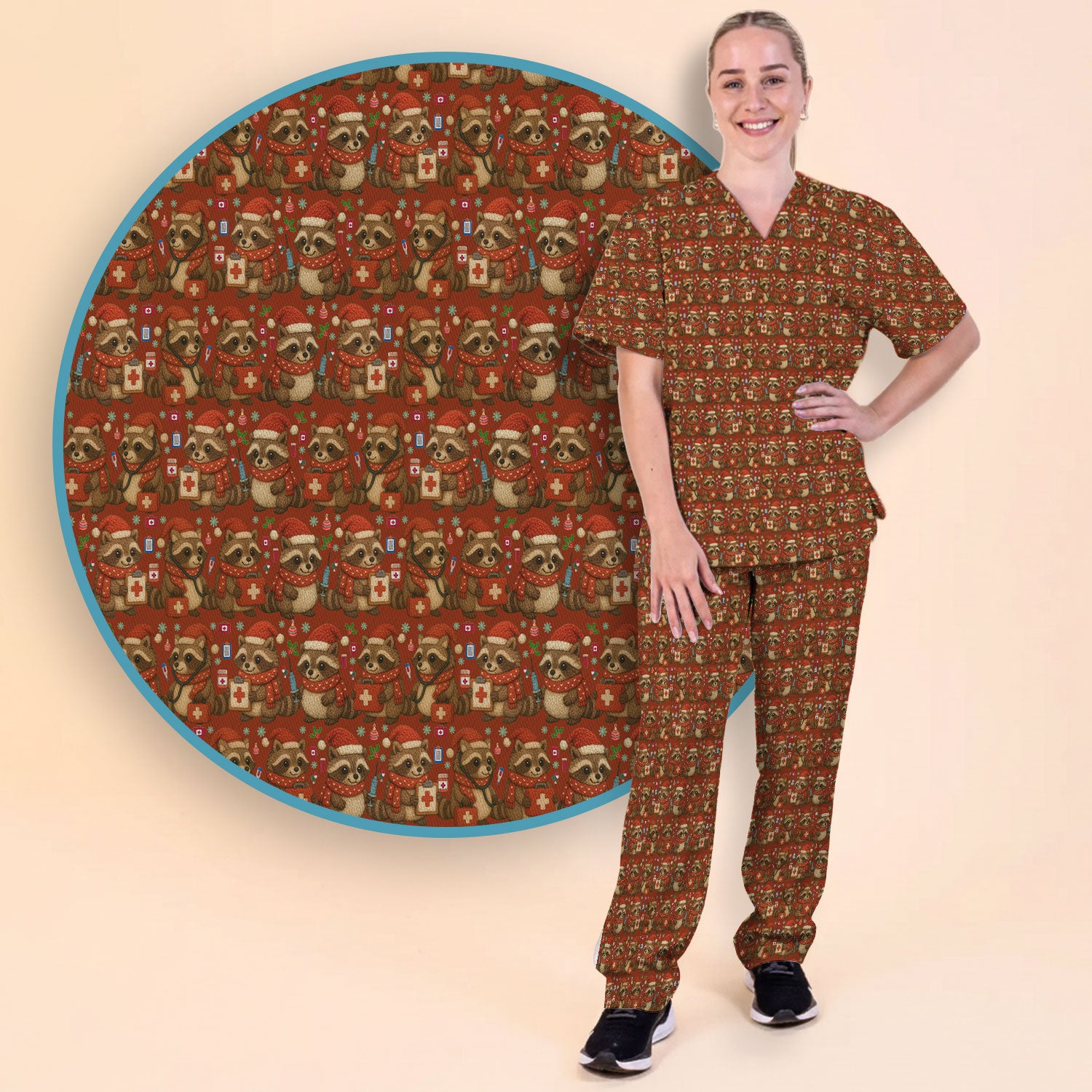 Christmas Scrub Set – Nurse Raccoon Pattern Shirt – Cute Medical Uniform For Nursing