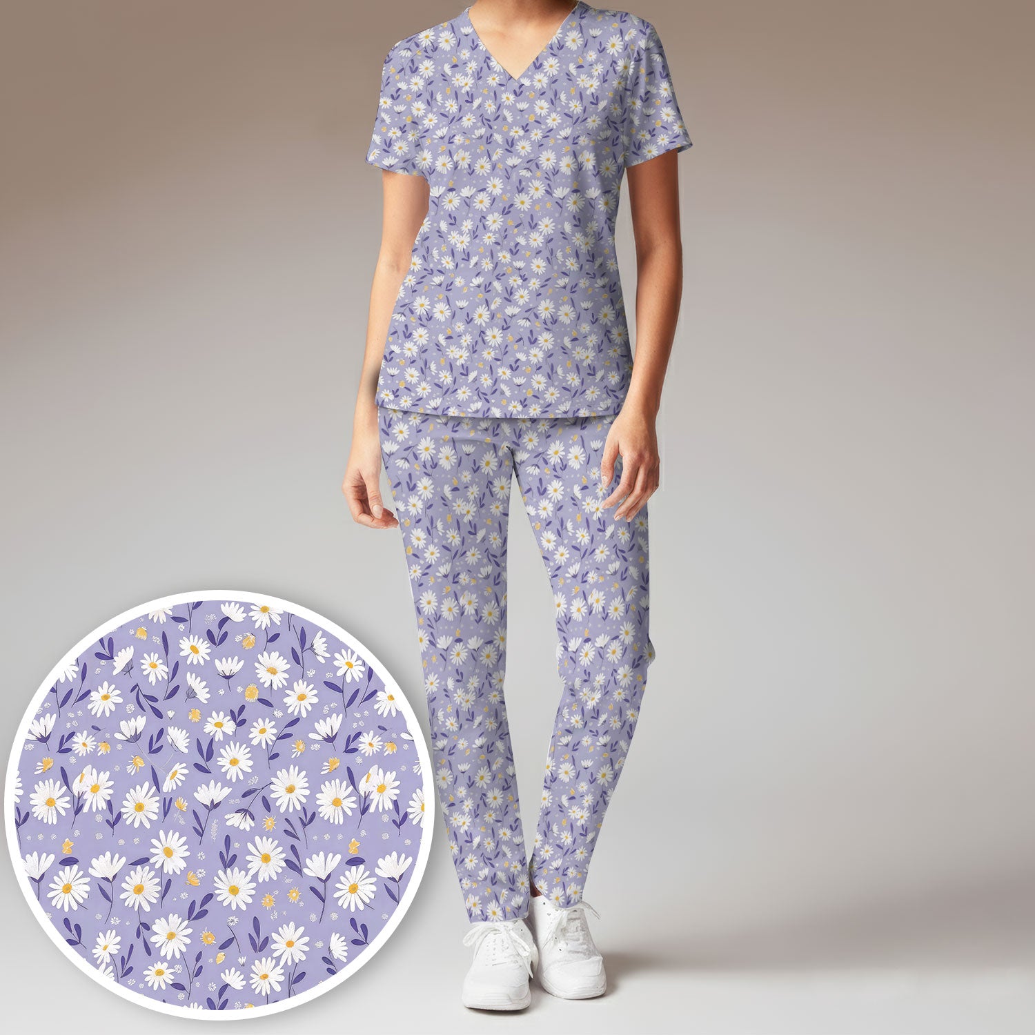 Cute Purple Daisy Botanical Print Scrub Set, Scrub Pants and V Neck Top