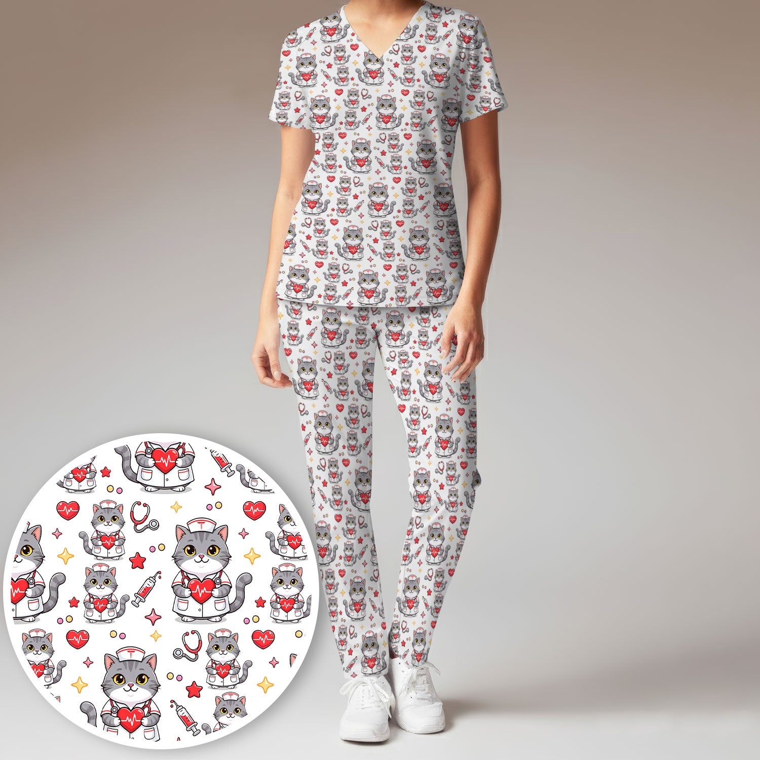 Cute Nurse Cat Heart Medical Print Scrub Set, Scrub Pants and V Neck Top