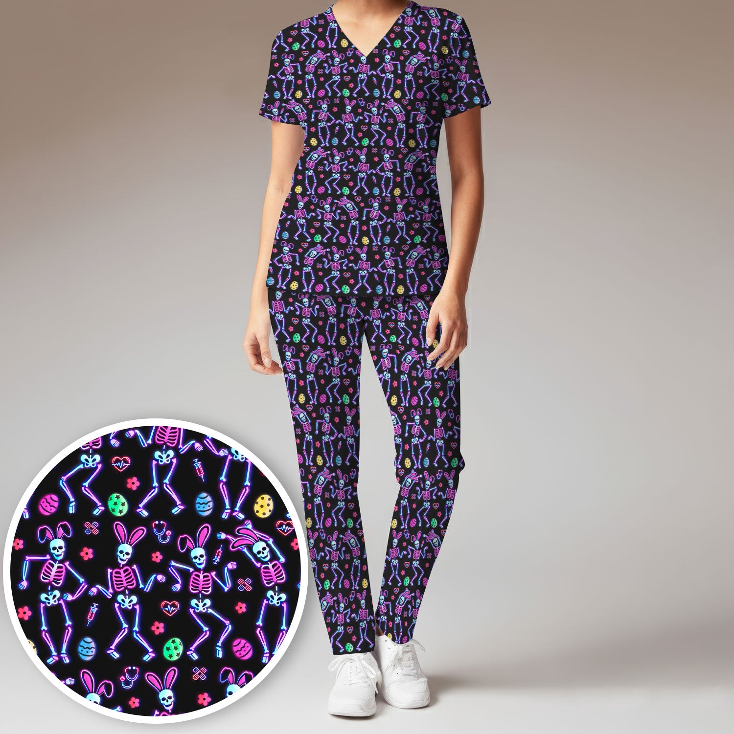 Neon Easter Skeleton Print Scrub Set, Scrub Pants and V Neck Top