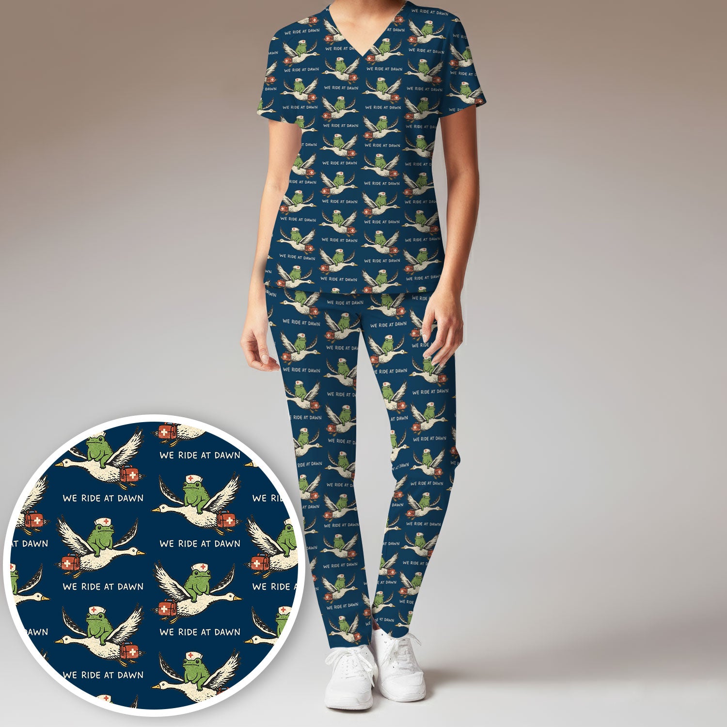 Funny Frog Riding Goose Nurse Pattern Scrub Set, Nurse Uniform Scrubs Set