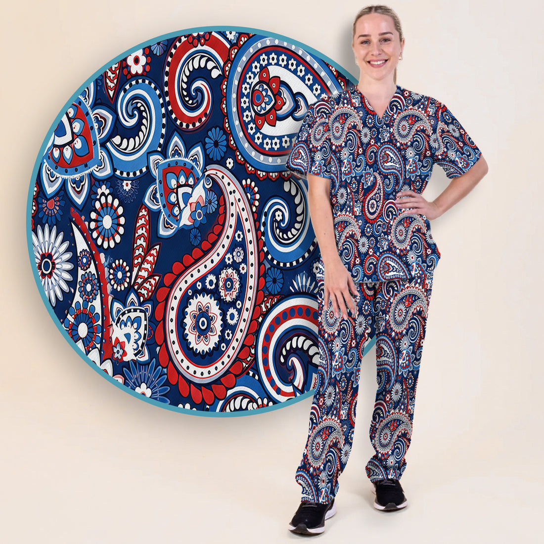 Patriotic Red White Blue Paisley Pattern Scrub Set, Scrub Pants and V Neck Top