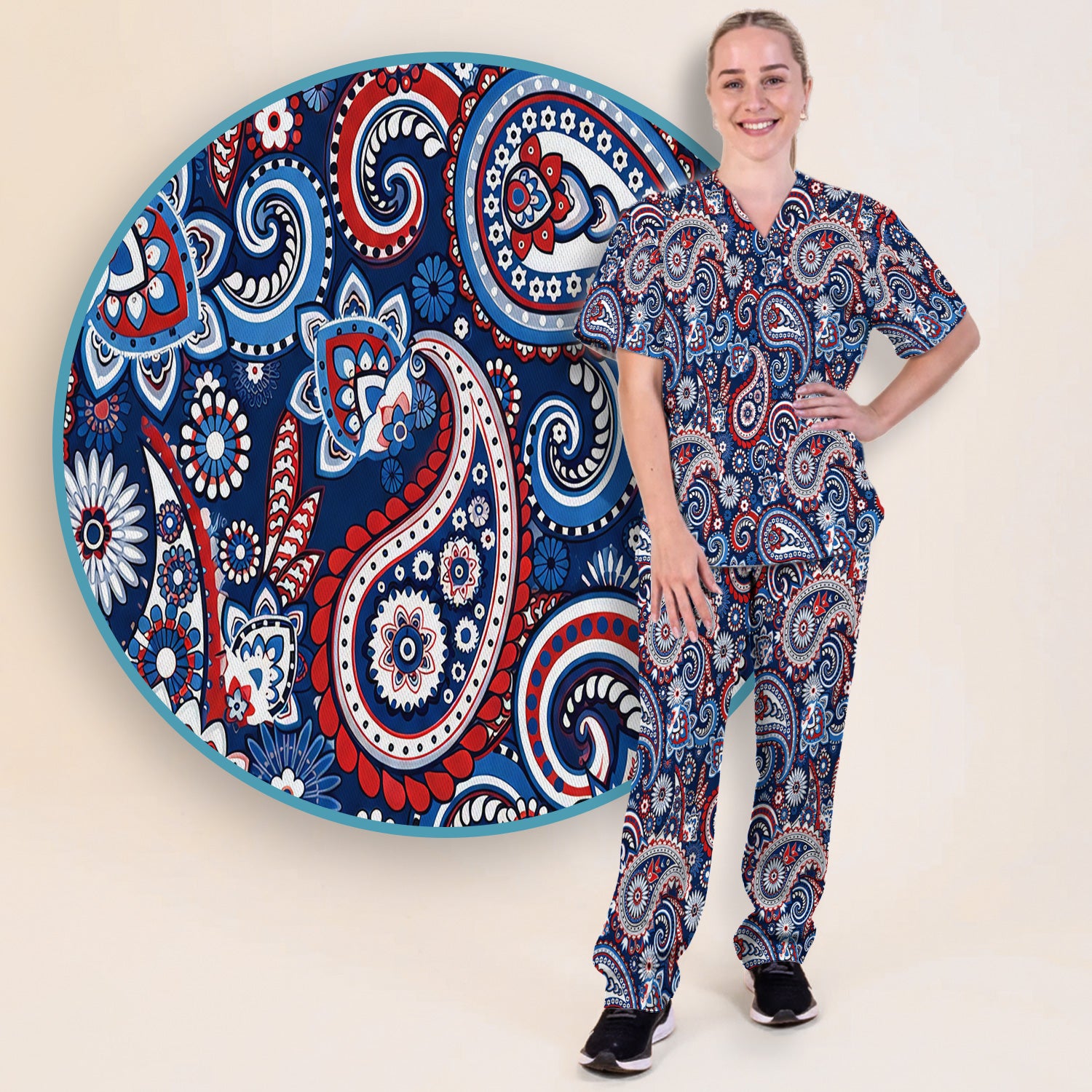 Patriotic Red White Blue Paisley Pattern Scrub Set, Scrub Pants and V Neck Top