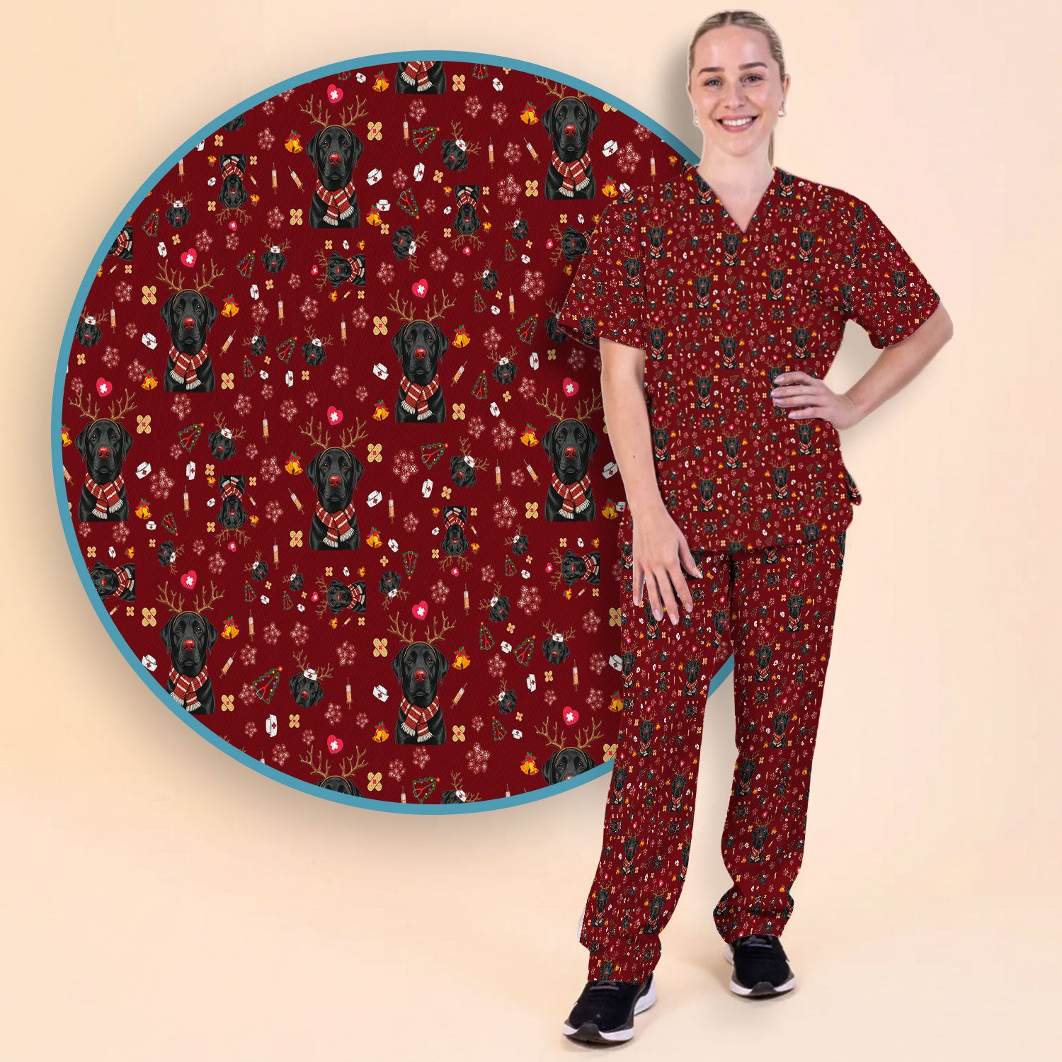 Funny Black Lab Reindeer Scrub Set - Christmas Dog Nurse Pants and V Neck Top - Cute Holiday Medical Uniform