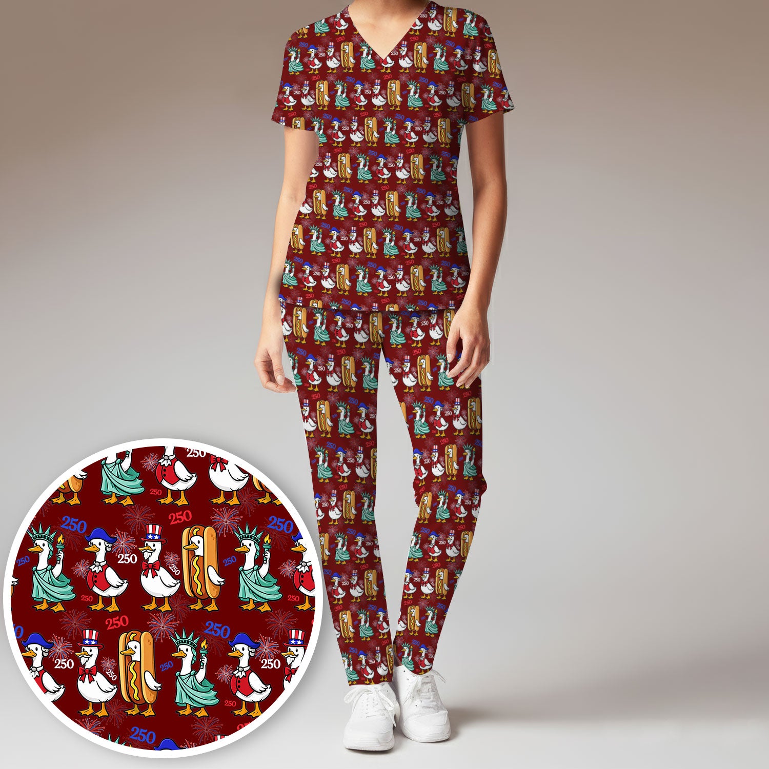 Patriotic Duck Independence Day Pattern Scrub Set, Scrub Pants and V Neck Top