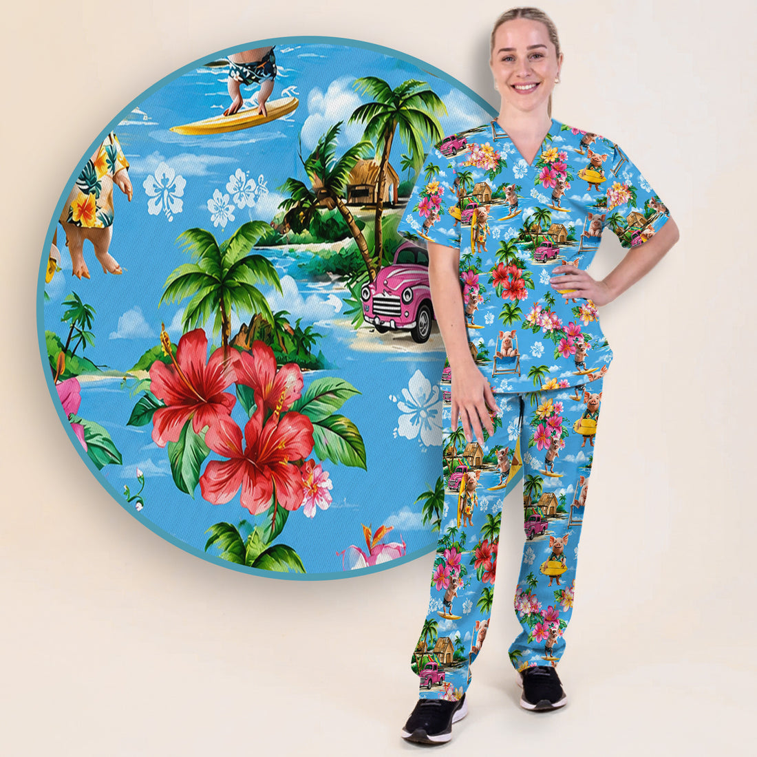 Tropical Surfing Pig Beach Pattern Scrub Set, Scrub Pants and V Neck Top
