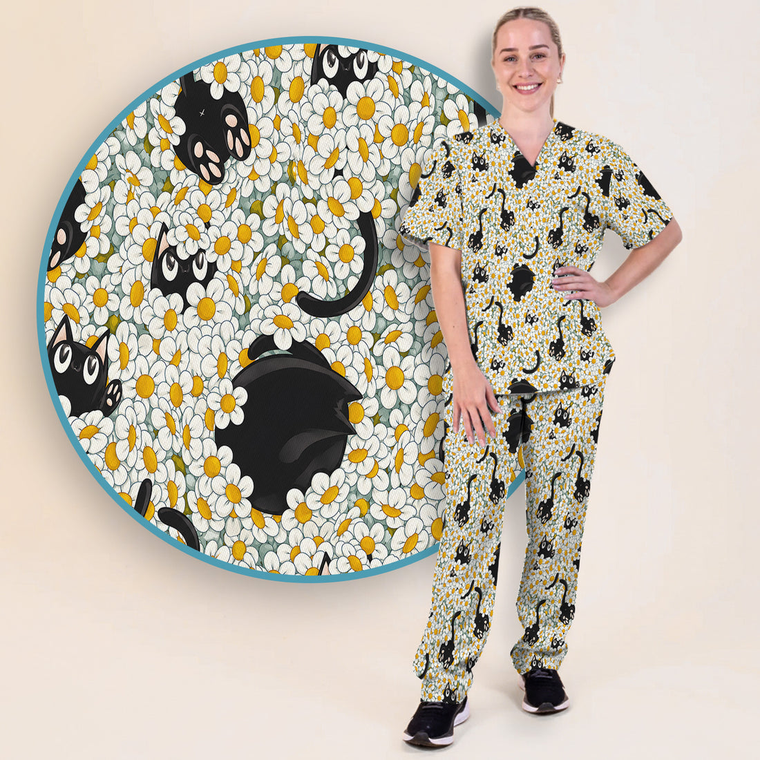 Daisy Black Cat Nurse Pattern Scrub Set, Scrub Pants and V Neck Top