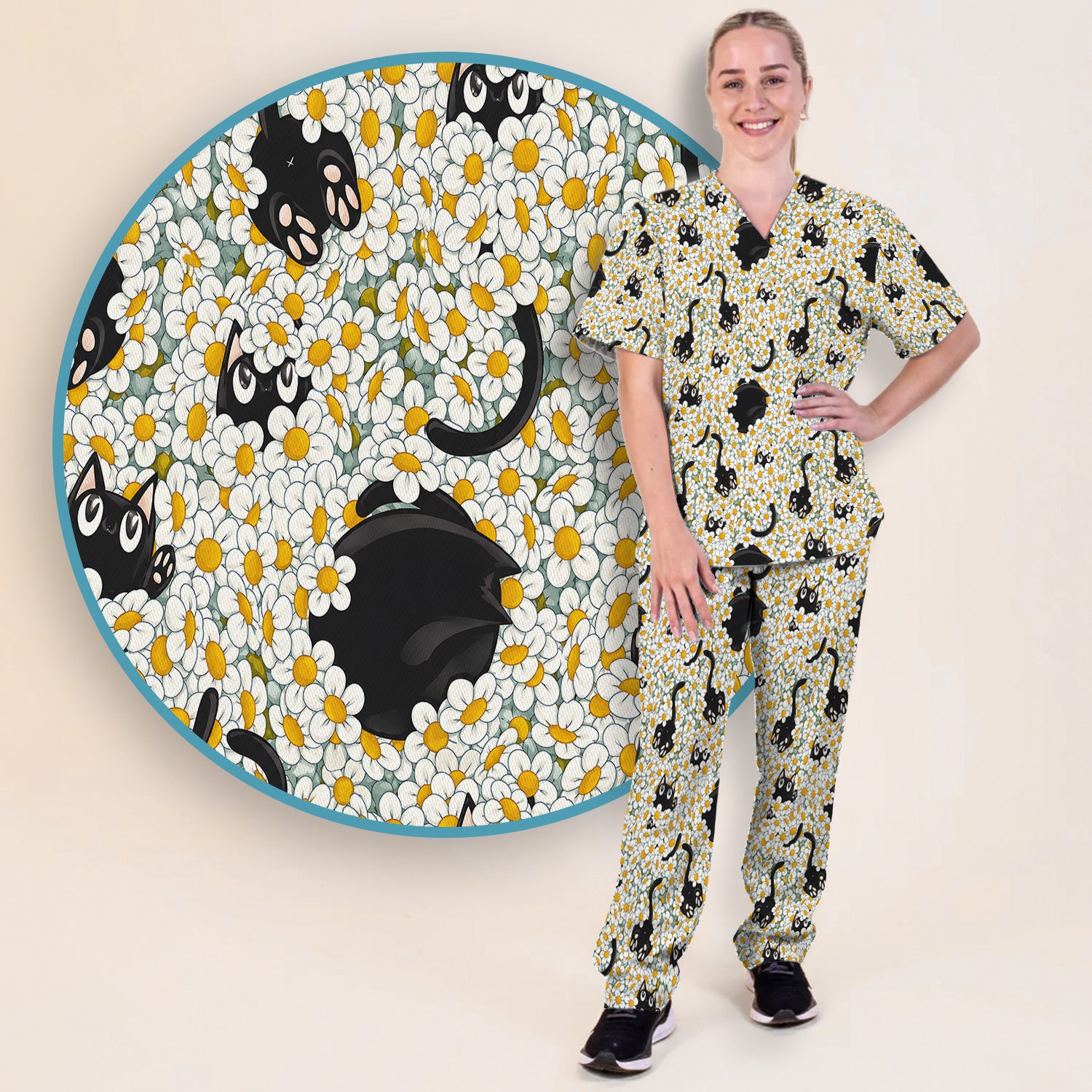 Daisy Black Cat Nurse Pattern Scrub Set, Scrub Pants and V Neck Top