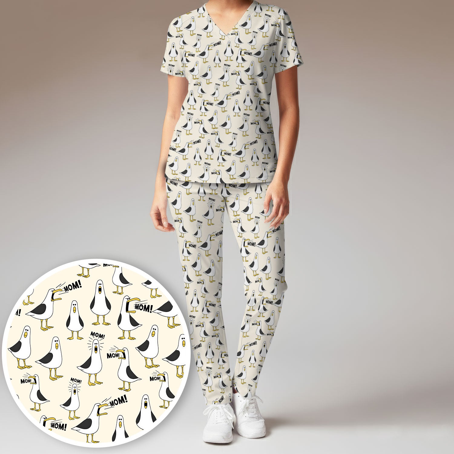Funny Seagull Mom Seamless Pattern Scrub Set, Scrub Pants and V Neck Top