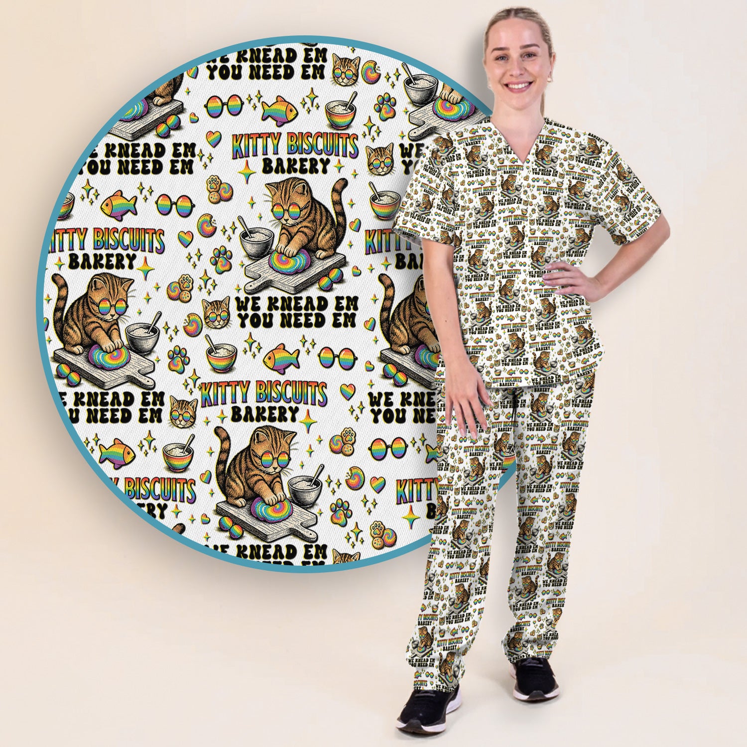 Pride Nurse Cat Baking Rainbow Dough Pattern Scrub Set, Women's Scrub Sets