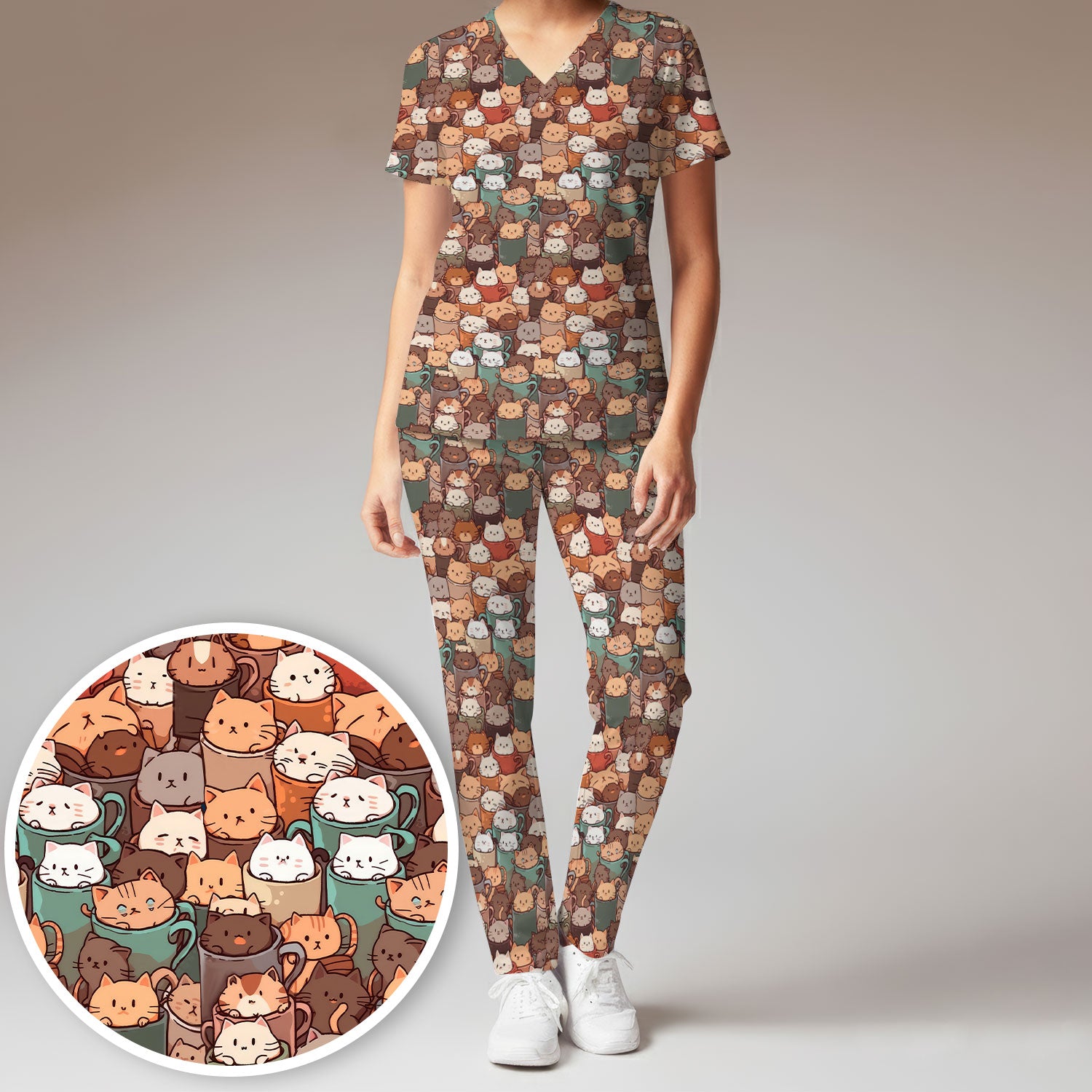 Cute Coffee Cat Scrub Set, Cozy Kittens in Mug Pattern Nurse Shirt, Breathable Fabrics Nursing Uniform