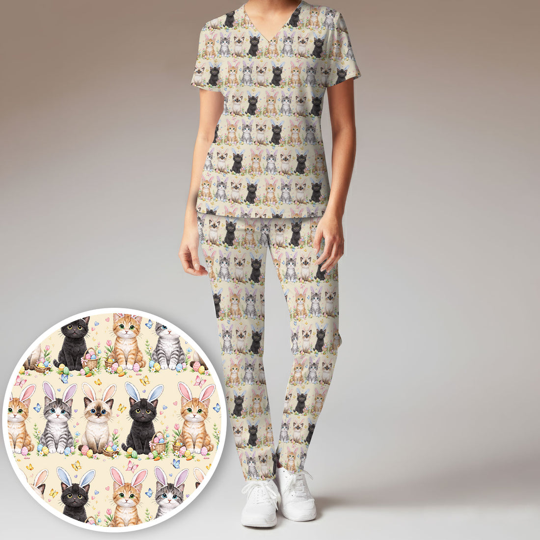 Easter Kitten Bunny Ears Pattern Print Scrub Set, Scrub Pants and V Neck Top