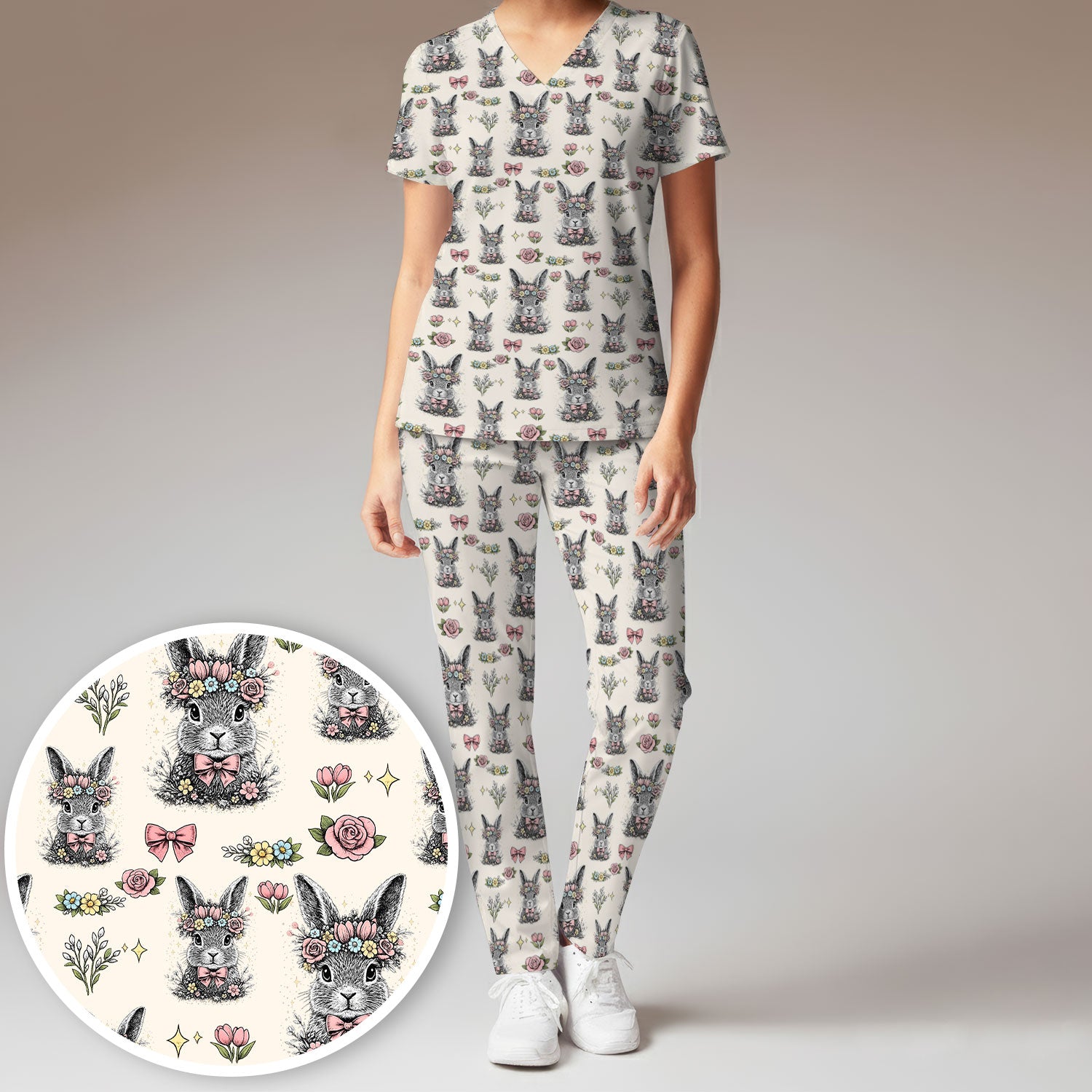Vintage Floral Bunny Print Scrub Set, Scrub Pants and V Neck Top