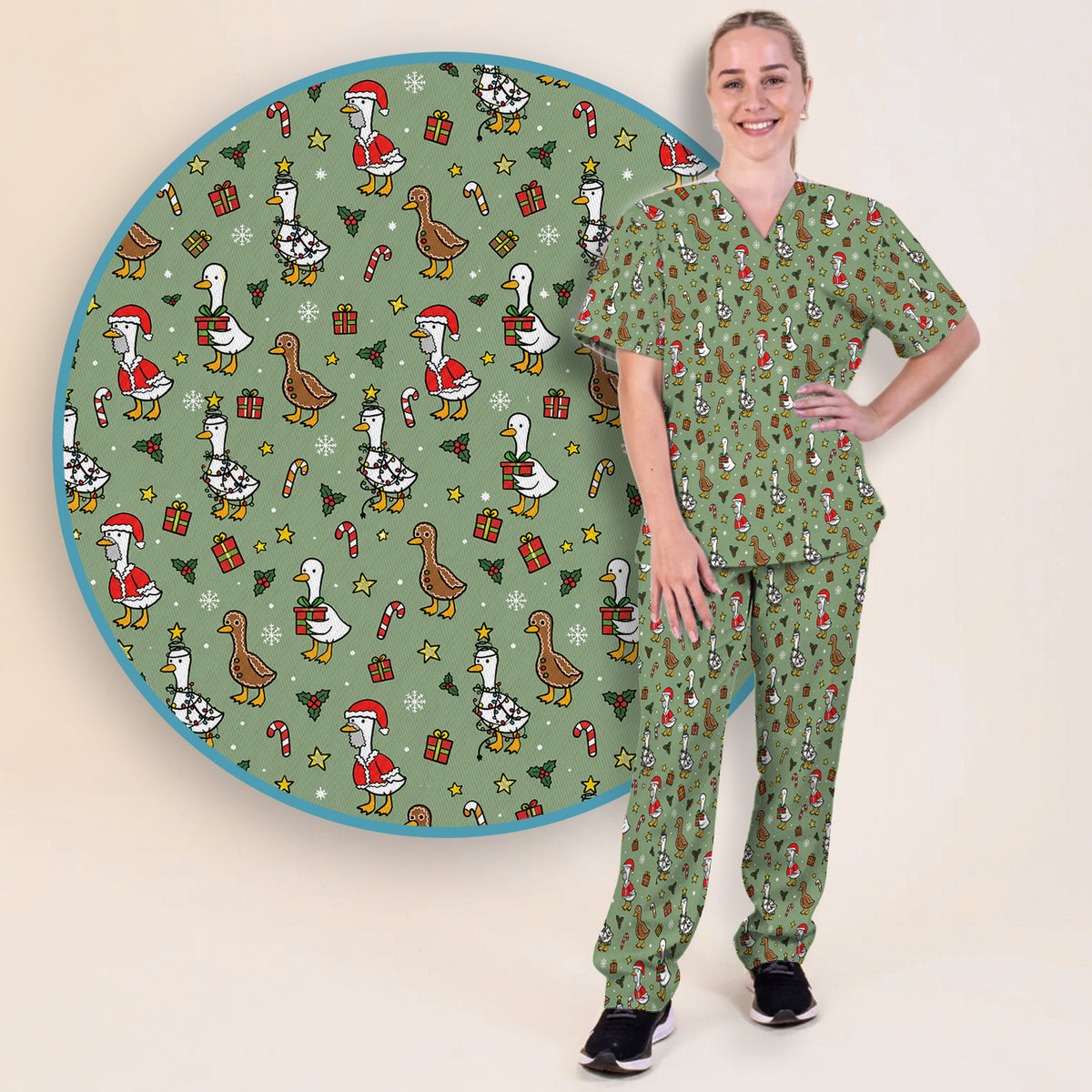 Christmas Geese In Festive Costumes Scrub Set, Scrub Pants and V Neck Top