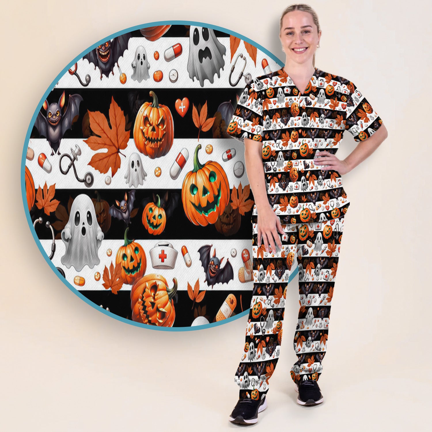 Halloween Ghost And Medical Icons Scrub Set, Scrub Pants and V Neck Top