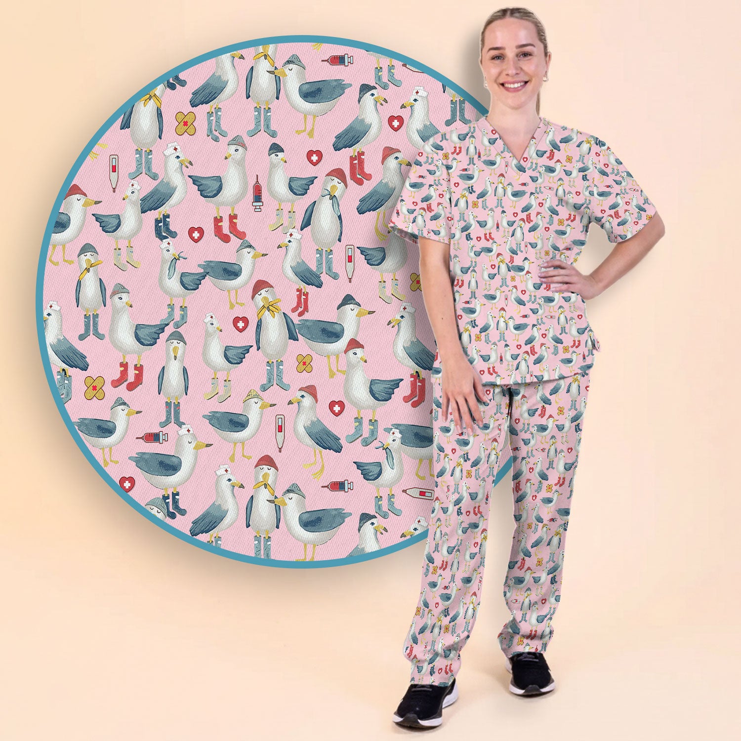 Funny Seagull Nurse Scrub Set - Cute Bird with Medical Icons Scrubs Pants and V Neck Top - Comfortable Scrubs for Women