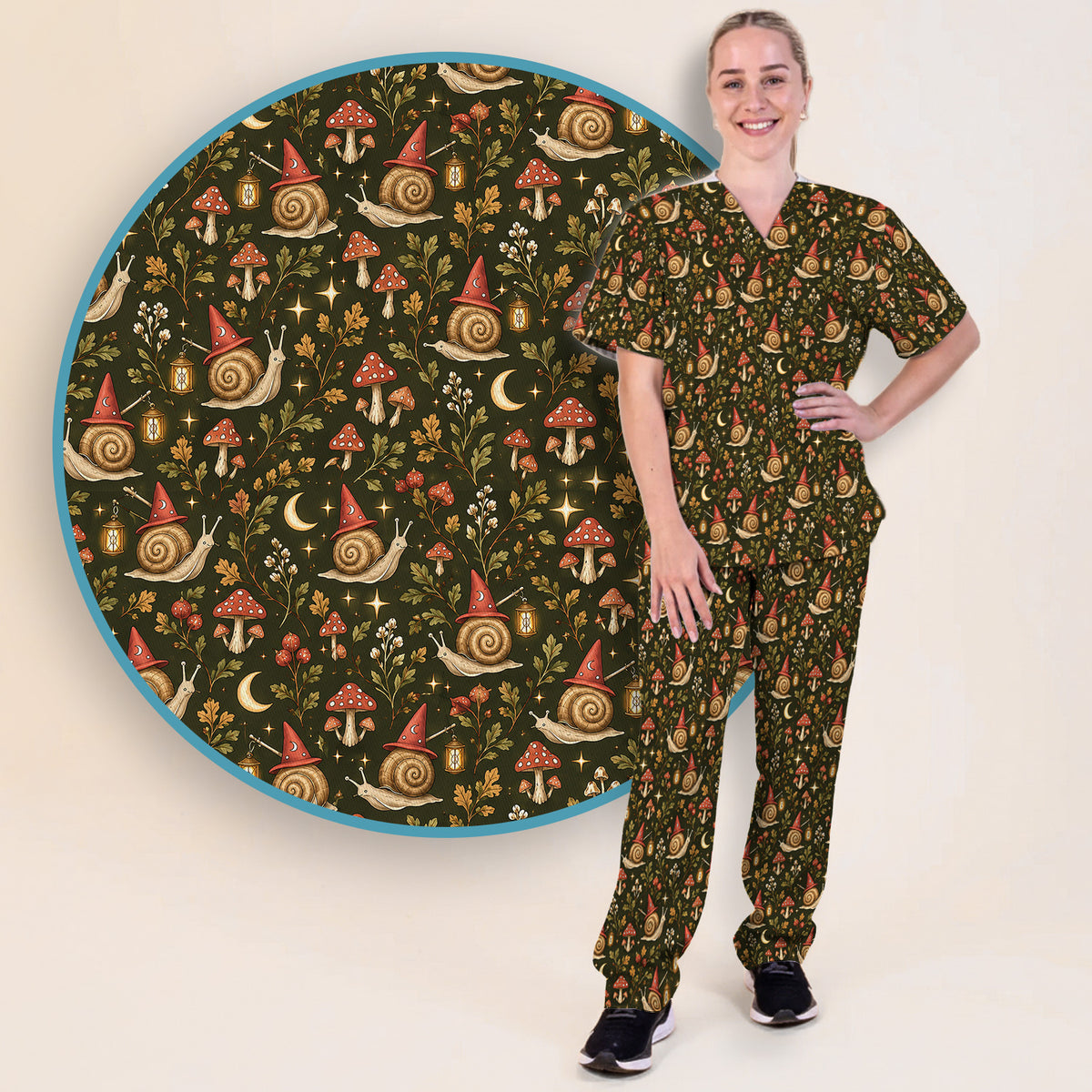 Halloween Witch Snails And Mushrooms Scrub Set, Scrub Pants and V Neck Top