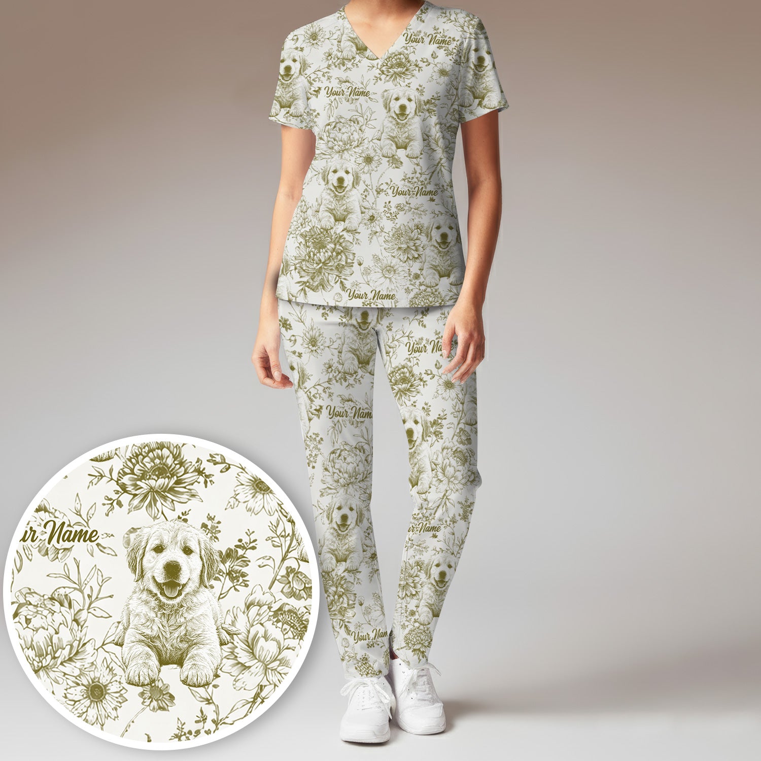 Personalized Custom Pet Photo Name Floral Pattern Scrub Set, Scrub Pants and V Neck Top