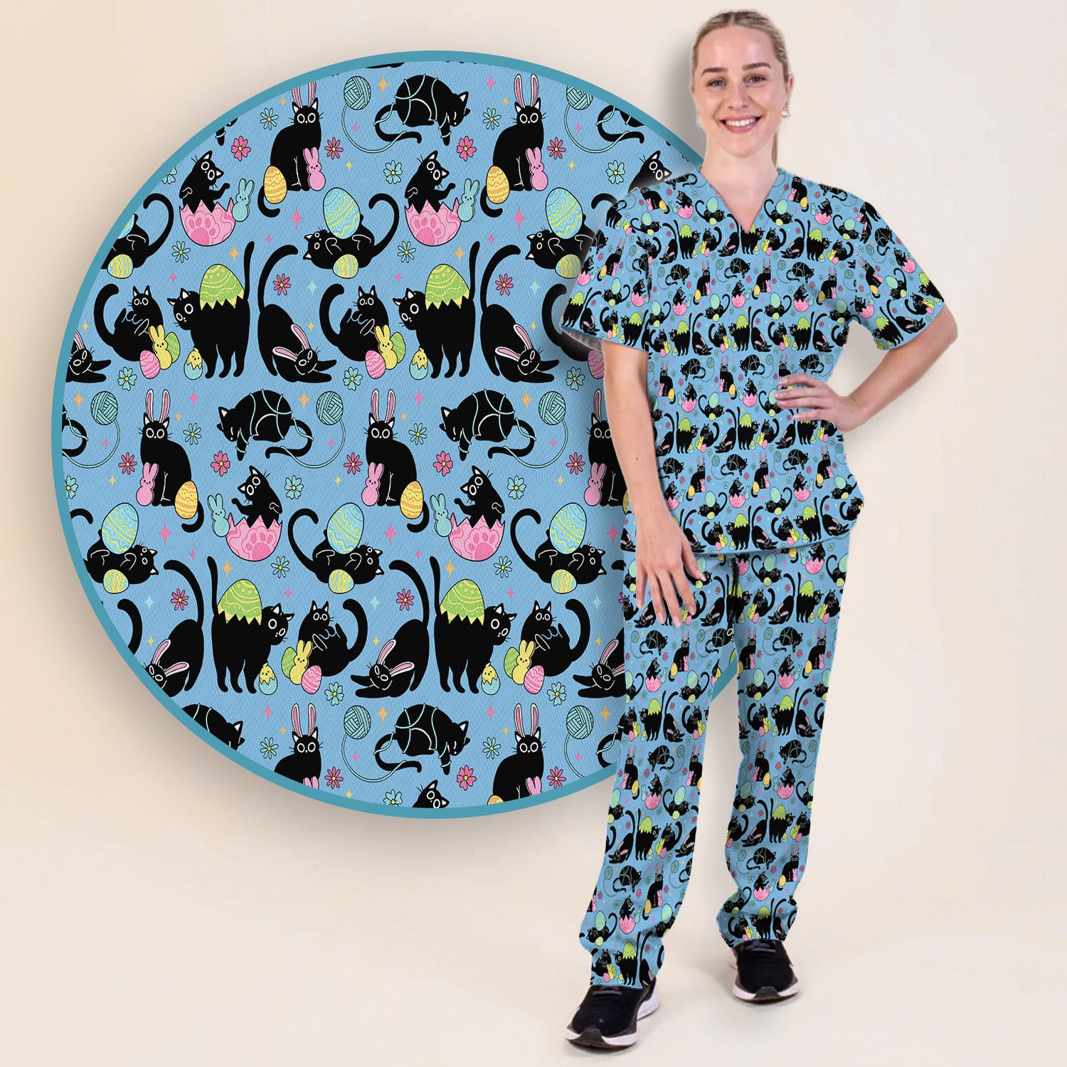 Funny Easter Black Cat Egg Pattern Scrub Set, Scrub Pants and V Neck Top